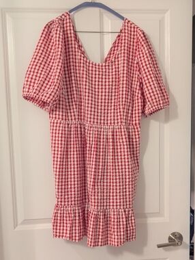 LOFT Red and White Gingham Ruffle-Hem Dress